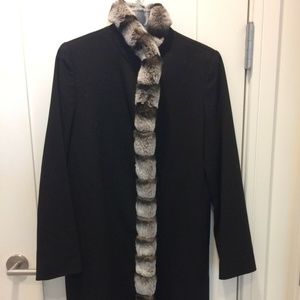 Fleurette Black Wool Coat With Rabbit Fur Trim Size 8 NWT